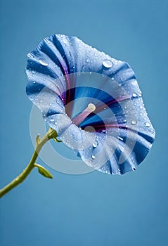 blue morning glory with water drops againts blue background