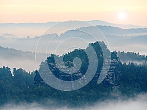 Blue morning, view over rock and fresh green trees to deep valley full of light mist. Dreamy spring landscape