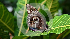 Blue Morpho or Morpho peleides, a big butterfly sitting on a leaf, beautiful insect in the nature habitat,