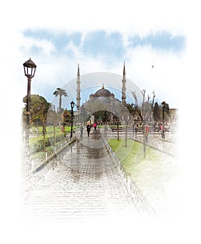 Blue mosque, also called Sultan Ahmed mosque in the center of Istanbul. Watercolor sketch.