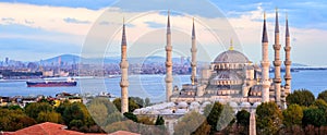 Blue Mosque and Bosporus panorama, Istanbul, Turkey