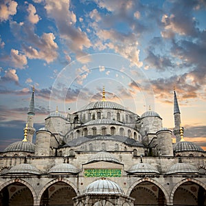 Blue Mosque from courtyard against amazing sky, Istanbul,