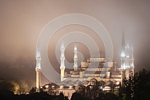 The Blue Mosque on a foggy night, Istanbul, Turkey