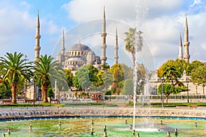 The Blue Mosque and the fountain in Sultan Ahmet park, Istanbul, Turkey