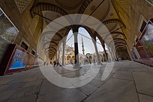 The Blue Mosque in Istanbul, Turkey.fisheye wide-angle panorama.