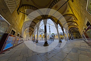 The Blue Mosque in Istanbul, Turkey.fisheye wide-angle panorama.