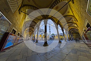The Blue Mosque in Istanbul, Turkey.fisheye wide-angle panorama.