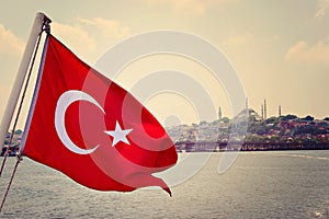 Blue Mosque in Istanbul and Turkey flag