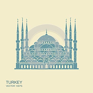 The Blue Mosque, Istanbul, Turkey. Flat icon with scuffed effect