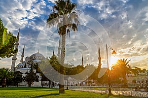 Blue Mosque - Sultan Ahmet Camii - in Istanbul at sunset in warm sunlight