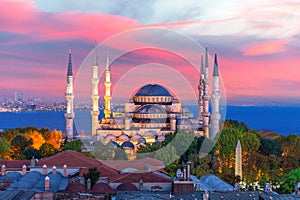 The Blue Mosque or Sultan Ahmet Mosque of Istanbul, colorful sunset view, Turkey