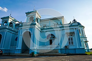 Blue mosque of Sultan Ismail Mosque located in Muar, Johor, Malaysia. The architecture is heavily influences of Western style and