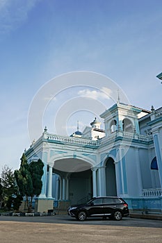 Blue mosque of Sultan Ismail Mosque located in Muar, Johor, Malaysia. The architecture is heavily influences of Western style and