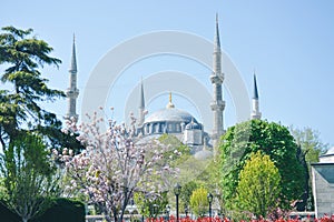 Blue Mosque,Sultanahmet Camii, Bosporus and asian side skyline, Istanbul, Turkey