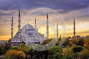 Blue Mosque Sultanahmet, Istanbul, Turkey, on sunset photo