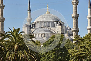 Blue mosque in Sultanahmet neighborhood. Istambul historic landmark, Turkey