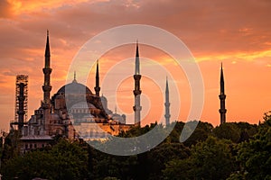 Blue mosque in sunset, Istanbul, Turkey