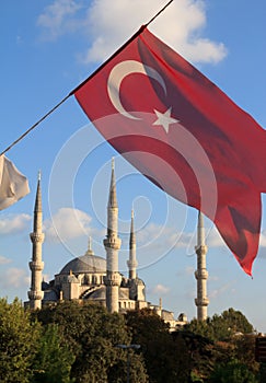 Blue Mosque Turkish flags view from M. Arkif Ersoy Sultanahment