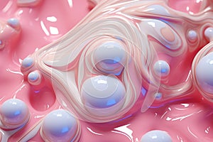 Blue and mother of pearl pink gradient background with flowing liquid and bubbles