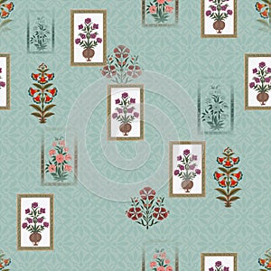 Blue motif pattern with Mughal flower frame