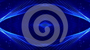 Blue motion design background with symmetrical pattern. Abstract sci-fi background with glow particles form curved lines