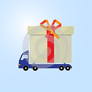 Blue motor truck carry gift box