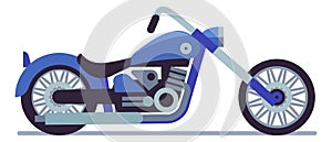 Blue motorcycle icon. Cartoon chopper. Motorbike side view