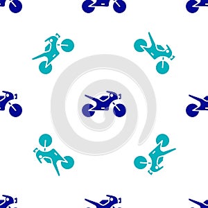 Blue Motorcycle icon isolated seamless pattern on white background. Vector Illustration