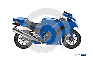 Blue motorcycle in realistic style. Side view. Detailed image of bike on white background