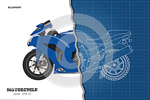 Blue motorcycle in realistic style. Side view. Detailed outline blueprint of motorbike