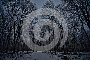 Blue mounds state park nature trail in Winter at dusk