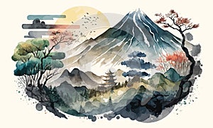 Blue mountain and golden line arts background vector. Oriental Luxury landscape background design with watercolor brush