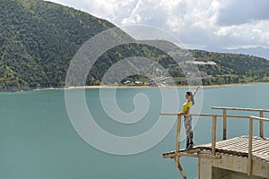 Blue mountain lake Kazenoi Am in the Chechen Republic on a Sunny summer day.