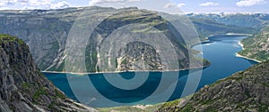 Blue mountain lake panoramic landscape, Norway, Ringedalsvatnet lake