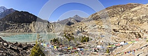 Blue Mountain Lake Prayer Flags Wide Panoramic Landscape Nepal Himalaya Mountains