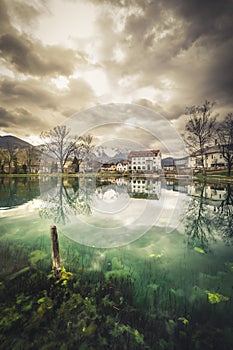 blue mountain lake with reflection in Puchberg am Schneeberg in lower Austria