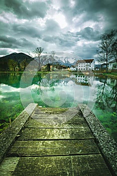 blue mountain lake with reflection in Puchberg am Schneeberg in lower Austria