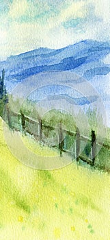 Blue Mountains Abstract watercolor hand painted landscape background. Vertical hand drawn illustration on textured paper