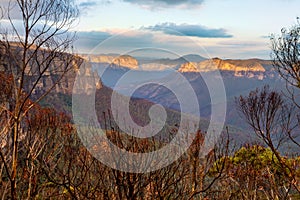 Blue Mountains escarpment and valley after a bush fire