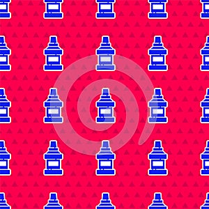 Blue Mouthwash plastic bottle icon isolated seamless pattern on red background. Liquid for rinsing mouth. Oralcare