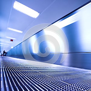 Blue moving escalator in the office hall