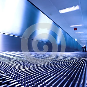 Blue moving escalator in the office hall