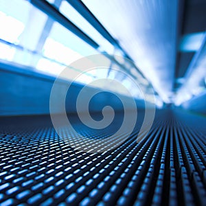 Blue moving escalator in the office hall