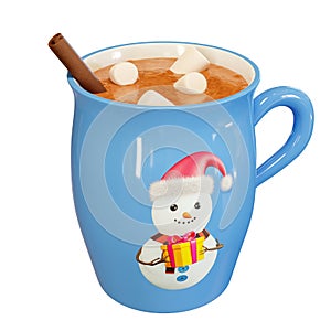 Blue mug with hot chocolate, marshmallows and cinnamon stick, 3d render. A cup with a cute picture of a snowman. Hot chocolate for