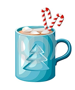 Blue mug of hot cocoa or coffee with candy stick and marshmallows illustration isolated on white background