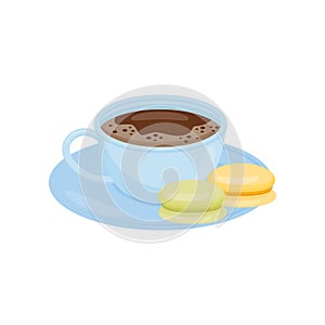 Blue mug of hot coffee or tea with tasty macaroons on saucer. Delicious beverage. Flat vector icon