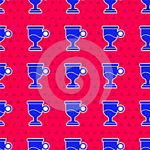 Blue Mulled wine with glass of drink and ingredients icon isolated seamless pattern on red background. Cinnamon stick