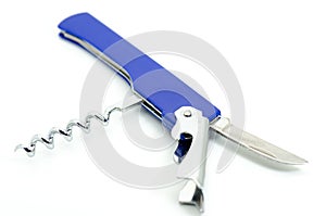 Blue multi-purpose tool with cockscrew and knife blade isolated