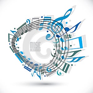 Blue music background with clef and notes, music sheet in rounded frame.