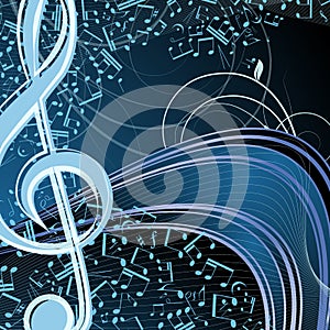 Blue music floral background: melody, notes, key, swirly.